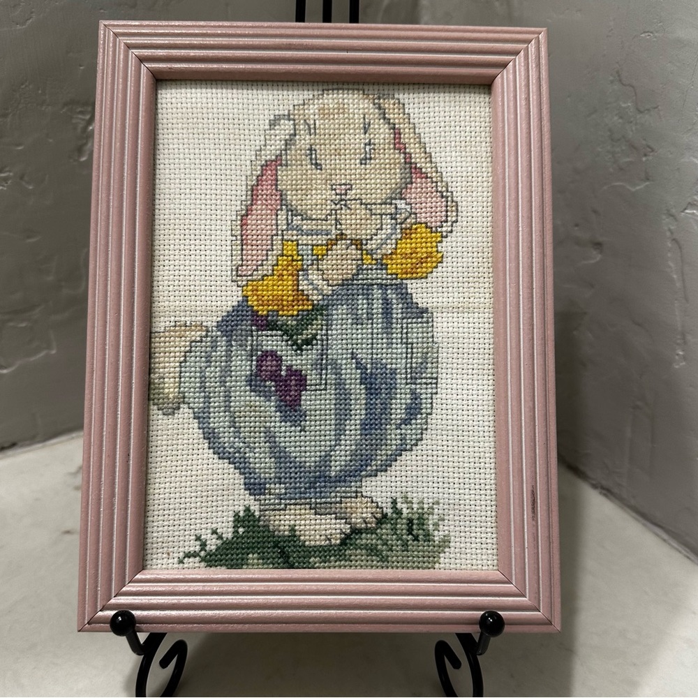 Vintage Framed Crost Stitch Golden Bee Periwinkle Bunny 60484